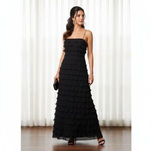 Tadashi Shoji Black Tiered Ruffle Maxi Dress